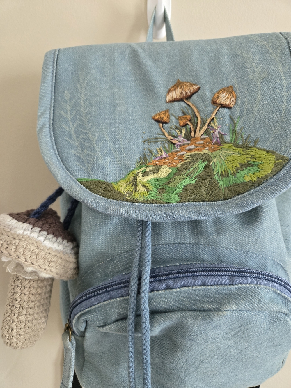 Hand Crafted Blue Denim Backpack w/ Unique Hand-Embroidered Mushroom Pixie Scene